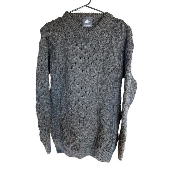Aran Woolen Mills Sweater 100% Pure New Wool Irish Gray Fisherman L Preppy Prep - Picture 1 of 7